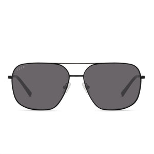diff eyewear jonas aviators in a black frame and solid grey polarized lens front view
