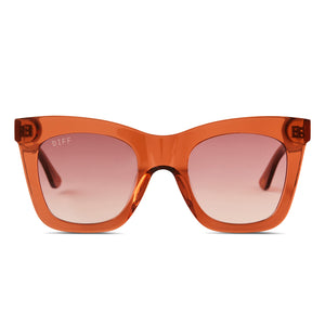 diff eyewear kaia cateye sunglasses with a brown sugar frame and wine gradient lenses front view
