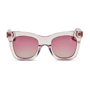 diff eyewear kaia cat eye sunglasses with a light pink crystal acetate frame and wine gradient lenses front view