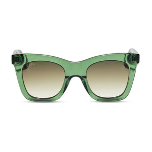 diff eyewear kaia cat eye sunglasses with a sage green crystal acetate frame and g15 gradient lenses front view