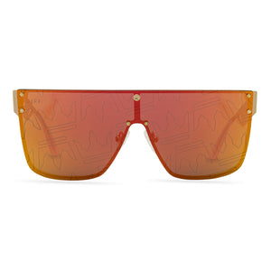 diff eyewear x robin arzon la reina shield sunglasses with a gold frame and orange yellow mirror lens front view