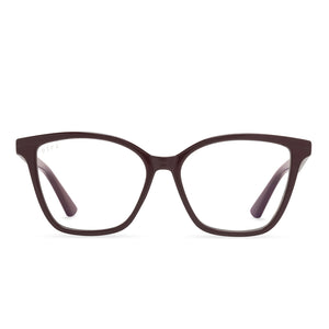 diff eyewear leah cat eye glasses with burgundy frame and blue light technology lenses front view