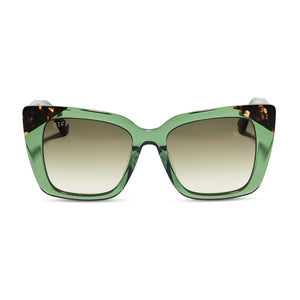 diff eyewear lizzy cat eye sunglasses with a sage green crystal and tortoise corners with a g15 gradient lenses front view