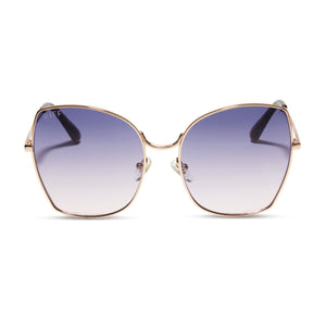 diff eyewear lonna square sunglasses with a gold frame and with lavender rose gradient lenses front view