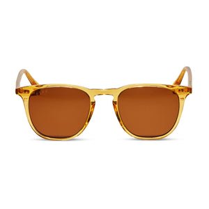 diff eyewear maxwell square sunglasses with a gold citrine crystal acetate frame and brown polarized lenses front view