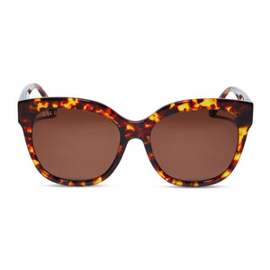 diff eyewear maya round sunglasses with a amber tortoise acetate frame and brown lenses front view