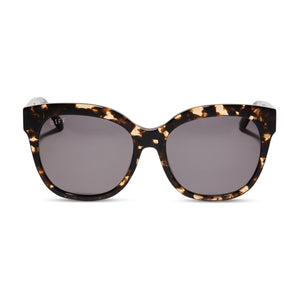 diff eyewear maya round sunglasses with a espresso tortoise acetate frame and grey lenses front view