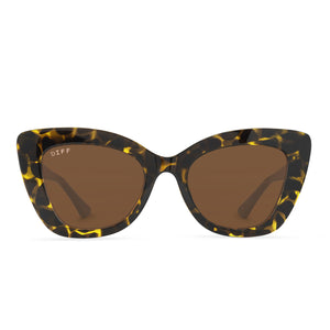 diff eyewear melody cat eye sunglasses with a dark tortoise frame and brown lenses front view