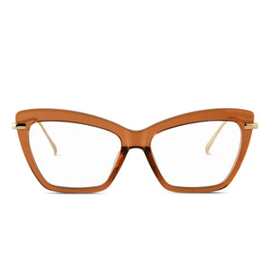 diff eyewear mila cateye glasses with a brown sugar frame, gold metal legs and prescription lenses front view