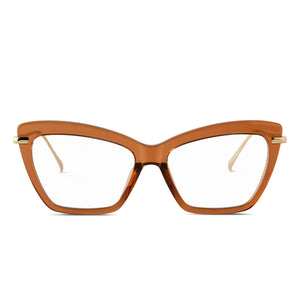 diff eyewear mila cateye glasses with a brown sugar frame, gold metal legs and prescription lenses front view