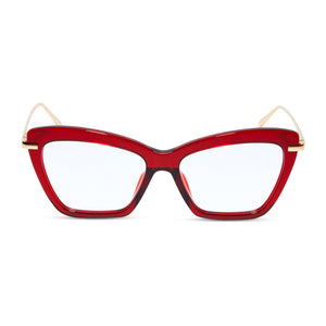 diff eyewear mila cat eye glasses with a carmine red acetate frame and prescription lenses front view