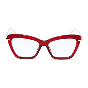 diff eyewear mila cat eye glasses with a carmine red acetate frame and prescription lenses front view