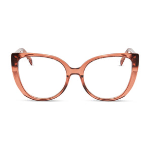 diff eyewear penelope cat eye glasses with a peach dusk acetate frame and prescription lenses front view