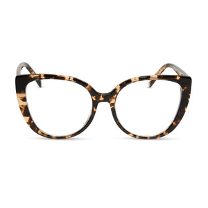 diff eyewear penelope cat eye glasses with a espresso tortoise acetate frame and prescription lenses front view