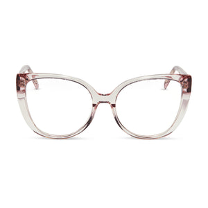 diff eyewear penelope cat eye glasses with a light pink crystal acetate frame and prescription lenses front view