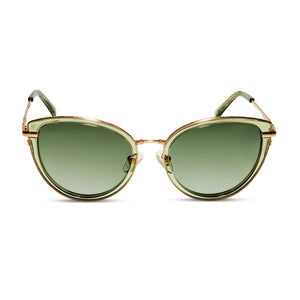 star wars x diff eyewear princess leia™ endor™ cat eye sunglasses with a transulucent sage green acetate and gold metal frame with endor forest moon green polarized lenses front view