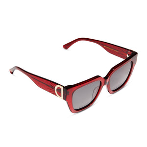 diff eyewear remi square sunglasses with a carmine red acetate frame and grey lenses detailed view