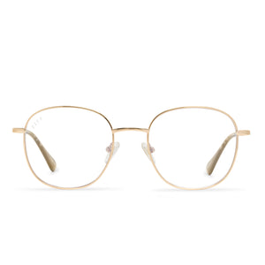 diff eyewear roman round glasses with a gold frame, tortoise leg ends and blue light technology lenses front view