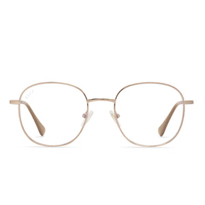 diff eyewear roman round glasses with a rose gold frame, burgundy leg ends and blue light technology lenses front view