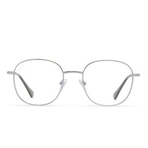 diff eyewear roman round glasses with a silver frame, black leg ends and blue light technology lenses front view