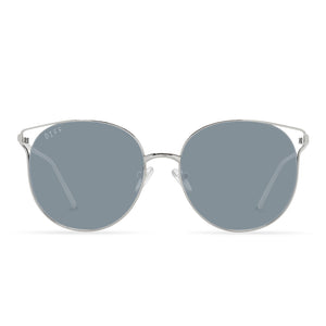 diff eyewear rory round sunglasses with a silver metal frame and aviary flash lenses front view