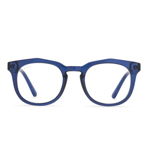 diff eyewear rowan square glasses with a navy crystal frame and prescription lenses front view