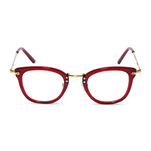 diff eyewear rue cat eye glasses with a carmine red and gold frame and prescription lenses front view