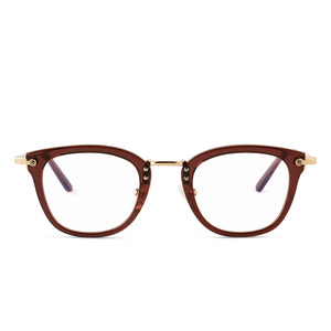 diff eyewear rue square glasses with a deep amber frame, gold metal legs, and prescription lenses front view