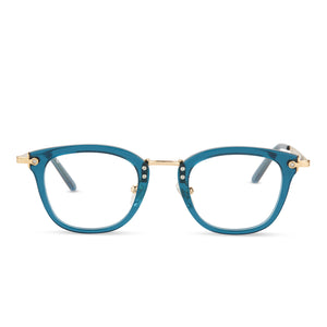 diff eyewear rue square glasses with a deep aqua frame and prescription lenses front view