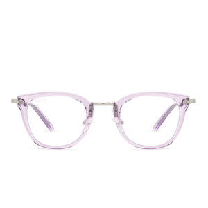 diff eyewear rue cateye glasses with lavender fog crystal and gold metal frame with blue light technology lens front view