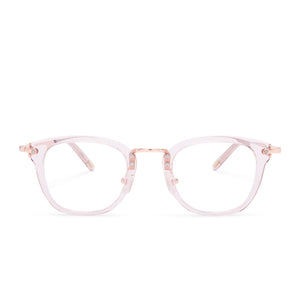diff eyewear rue square glasses with a light pink crystal acetate frame and prescription lenses front view