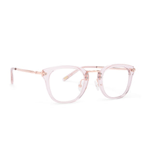 diff eyewear rue square glasses with a light pink crystal acetate frame and prescription lenses angled view