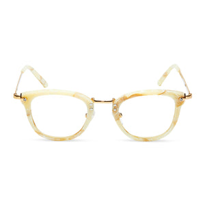 diff eyewear rue cat eye glasses with a milk n honey yellow and gold frame and prescription lenses front view