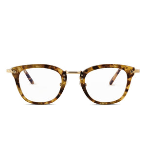 diff eyewear rue square glasses with a toasted coconut frame, gold legs, and prescription lenses front view