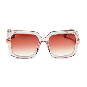 diff eyewear sandra square sunglasses with a light pink crystal frame and peach dusk gradient lenses front view