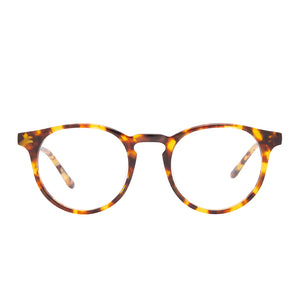 diff eyewear sawyer round glasses with a amber tortoise acetate frame and prescription lenses front view