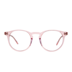 diff eyewear sawyer round glasses with a rose crystal acetate frame and prescription lenses front view