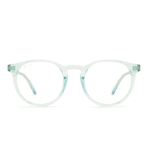 diff eyewear sawyer round glasses with soft green lagoon crystal frame and prescription lenses front view