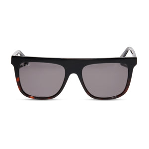 diff eyewear stevie square sunglasses with a black tortoise acetate frame and grey lenses front view