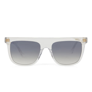 diff eyewear stevie square sunglasses with a clear crystal acetate frame and grey gradient silver flash lenses front view