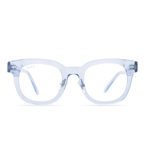 diff eyewear summer square glasses with colombia blue crystal frame and prescription lens front view