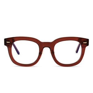 diff eyewear summer square glasses with a deep amber acetate frame and prescription lenses front view