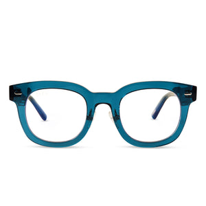 diff eyewear summer square glasses with a deep aqua blue acetate frame and prescription lenses front view