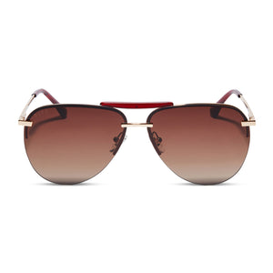 diff eyewear tahoe aviator sunglasses with a gold frame red accent nose bar and brown gradient lenses front view