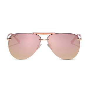 diff eyewear tahoe aviator sunglasses with a rose gold metal frame and cherry blossom mirror lenses front view