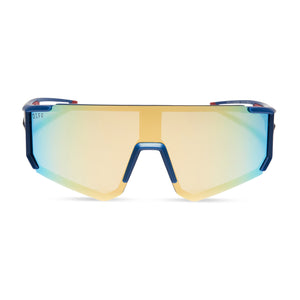 marvel studios' x diff eyewear guardians of the galaxy team suit oversized shield sunglasses with a celestial blue red frame and galactic gold mirror polarized lenses front view