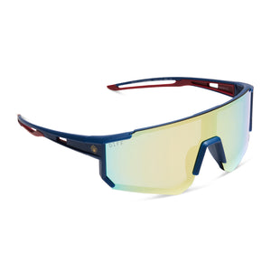 marvel studios' x diff eyewear guardians of the galaxy team suit oversized shield sunglasses with a celestial blue red frame and galactic gold mirror polarized lenses angled view