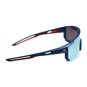 marvel studios' x diff eyewear guardians of the galaxy team suit oversized shield sunglasses with a celestial blue red frame and galactic gold mirror polarized lenses side view