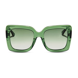 diff eyewear vanessa square sunglasses with a sage green crystal acetate frame and olive green gradient lenses front view