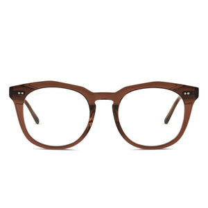 diff eyewear weston square glasses with a deep amber frame and prescription lenses front view